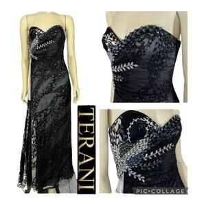 TERANI sweetheart strapless silk gown formal beads & jewels size 8